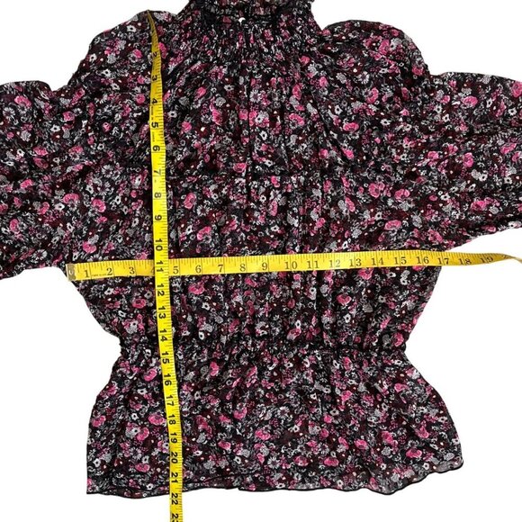 Zara Sheer Floral Smocked Ruffle Blouse Black Pink Puff Sleeve Top Sz Small - Picture 7 of 7